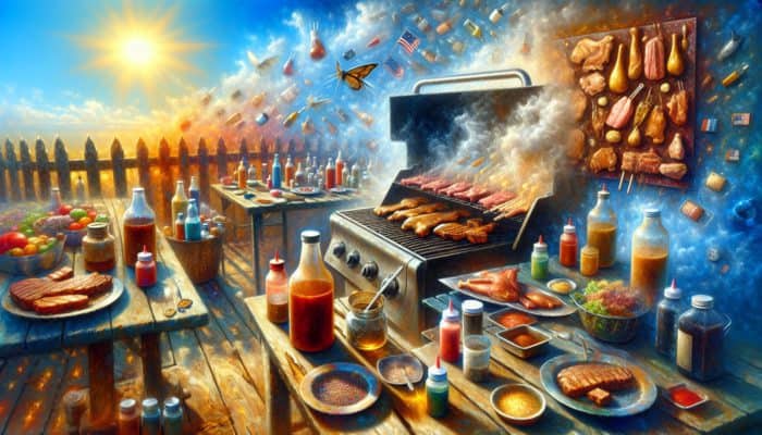 American BBQ scene with meats marinating in colorful sauces, surrounded by marinade bottles, herbs, and spices.