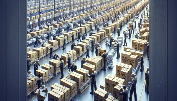 Workers in High Wycombe warehouse packing and dispatching vinyl gloves for express shipping.