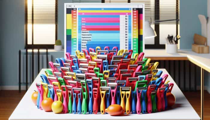 A colorful array of lightweight, affordable plastic peelers on a modern kitchen countertop.