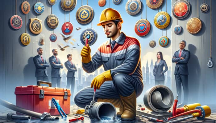 A sewer repair technician in Port Moody inspecting a damaged pipe, equipped with tools and certification badges.