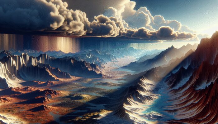 A varied landscape showing mountains, valleys, plateaus, coasts, deserts, and glaciers affecting local climate.