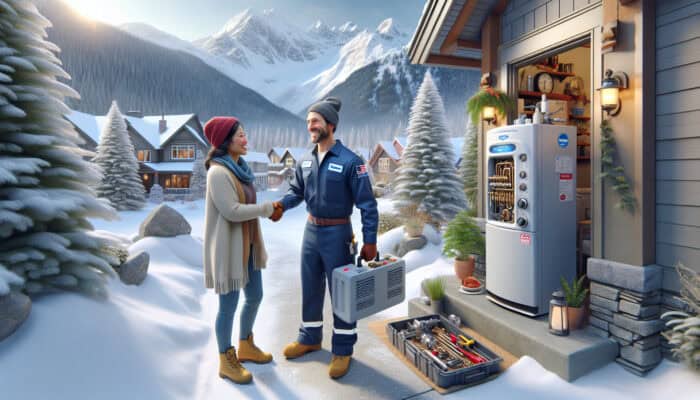 Local boiler technician in snowy Whistler, greeted by homeowner, symbolizing community trust.