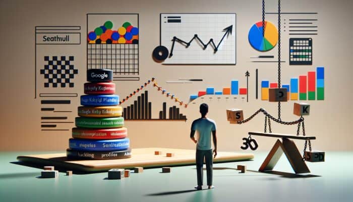 Digital workspace showing Google Keyword Planner, SEMrush, and Ahrefs interfaces with keyword data and user analyzing.