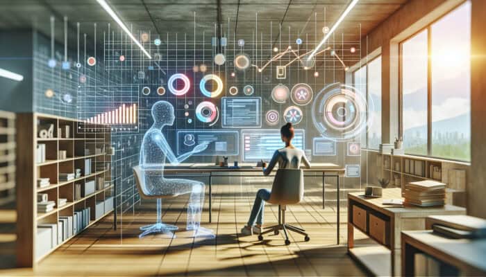 A person and virtual assistant collaborating at a modern workspace with task lists and timelines on a digital screen.