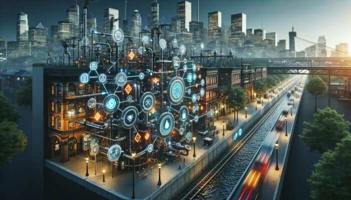 Advanced urban drainage system in Gastown featuring smart sensors and IoT technology, displaying real-time data on screens.