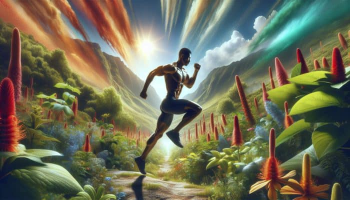 Athlete running through a vibrant landscape with adaptogenic plants, enhancing endurance and strength.