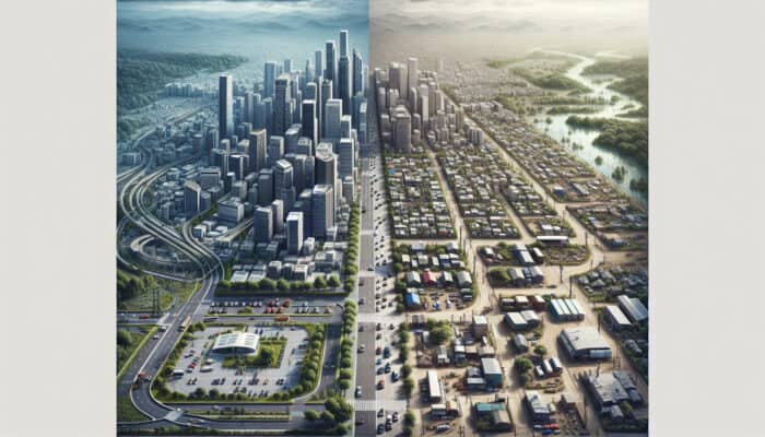 Urban center with easy access versus remote rural area with narrow streets and limited parking, showing logistical challenges.
