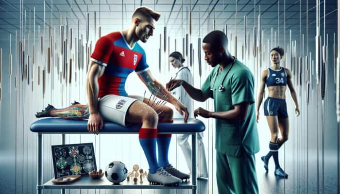 Australian athlete receiving acupuncture for sports injury, surrounded by rugby and Olympic athletes in modern recovery facility.