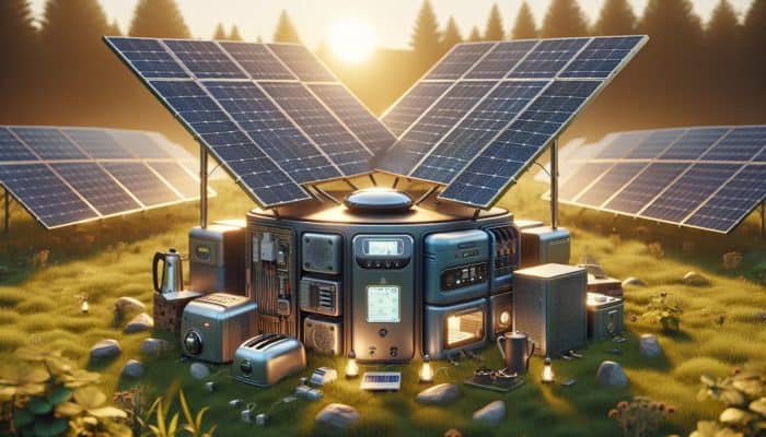 Solar Generator Reviews: A compact solar generator on a grassy field, surrounded by solar panels, powering appliances during an outdoor adventure.
