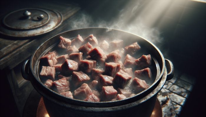 Bite-sized browned meat pieces searing in a pot, enhancing borscht's flavor.
