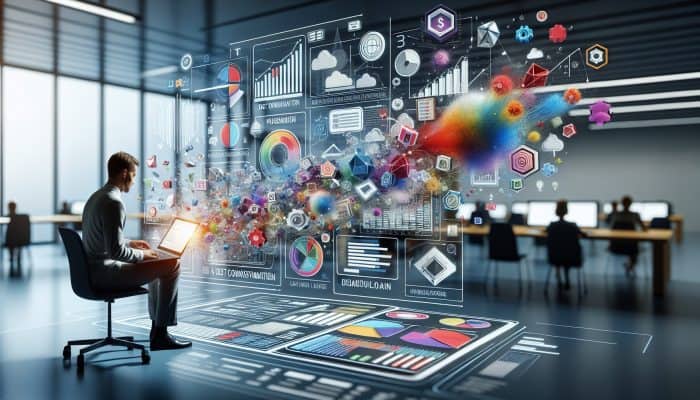 Online Debt Consolidation Loan Simulators: UK Guide | DCL Online Debt Consolidation Loan Simulators: A person analysing colourful graphs and charts on a laptop using a debt consolidation loan simulator in a modern office.