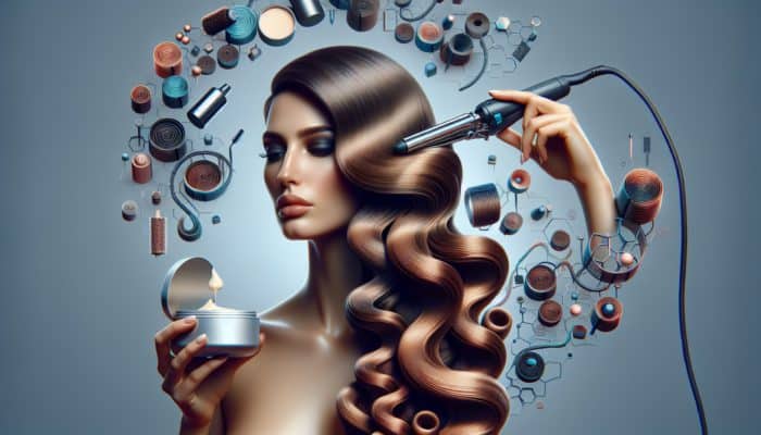 Woman using curling iron at low temperature and applying curl cream for even, resilient, salon-quality coiled curls.