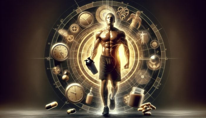Athlete in gym chugging protein shake post-workout, with creatine pills and BCAA drinks nearby, clocks showing optimal intake timing.