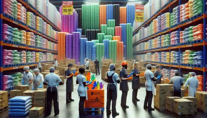 A bustling warehouse in Braintree shows stacks of polythene gloves, workers in uniforms inspecting bulk orders, and vibrant discount signs.