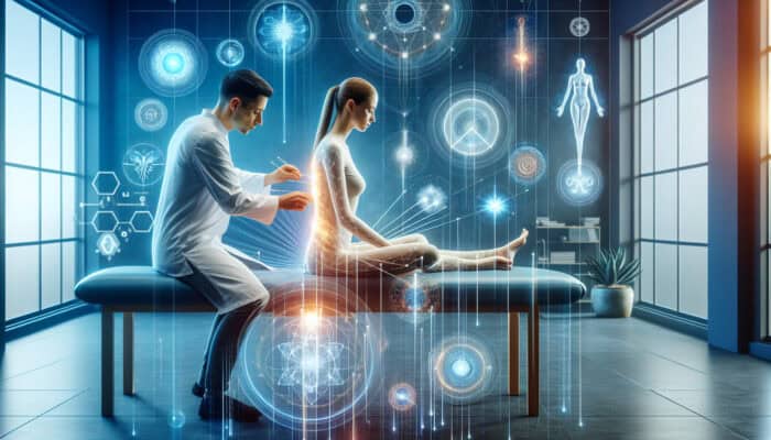 A skilled practitioner places needles on a relaxed patient in a modern UK clinic, surrounded by glowing auras symbolising energy, recovery, and mental clarity.