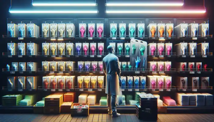 A shopper in a bustling Rayleigh market compares disposable gloves, examining latex, nitrile, and vinyl options displayed on the shelf.