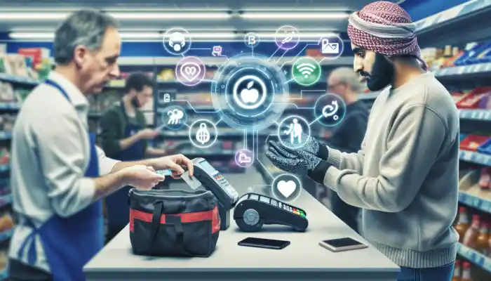 Busy UK shop: Customer taps contactless card to buy safety gloves; smartphone shows Apple Pay, with Google Pay and PayPal icons nearby.