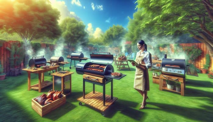 Expert showcasing offset, vertical, and electric smokers in a lush backyard with sizzling meats, tools, and greenery under a sunny sky.
