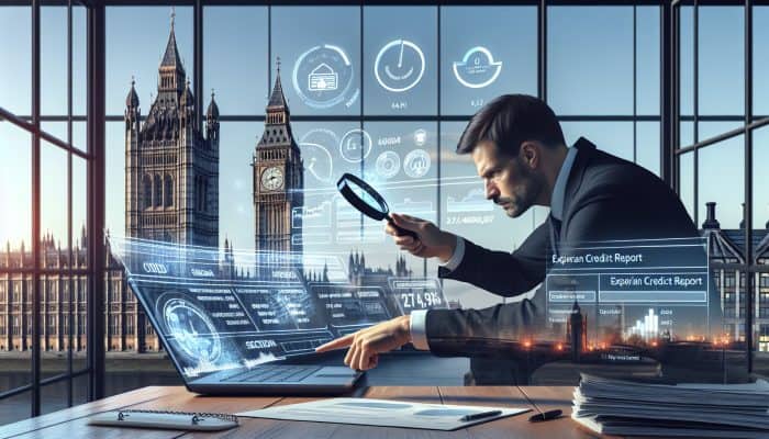 Best Lenders for Bad Credit Debt Consolidation | DCL A determined individual in a modern London office reviews an Experian credit report on a laptop, using a magnifying glass with Big Ben in the window.