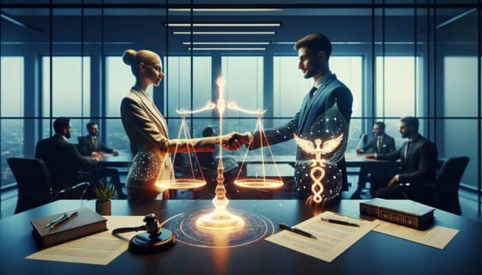Two professionals shaking hands over a contract in a modern boardroom, with balanced scales and a glowing bridge symbolizing fairness and cooperation.