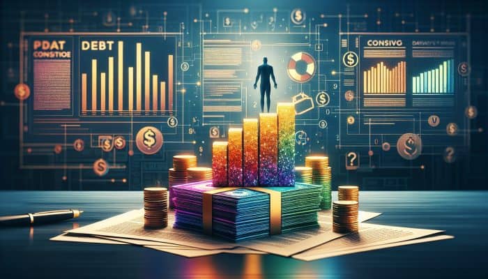 Loan documents merging into a golden contract on a desk, with coins, debt graphs, and a relieved figure symbolizing financial freedom.