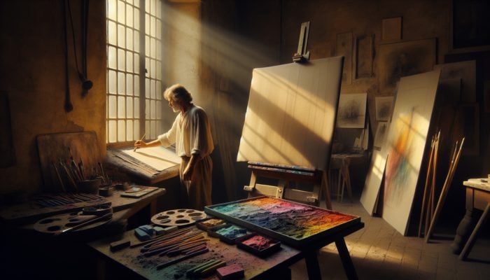 Experimenting Pastel Washes Innovatively: An artist in a sunlit European workshop experiments with pastel washes on velour paper, creating vibrant, textured artwork with soft pastels and brushes.