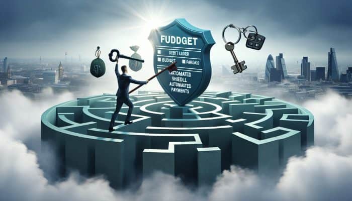 A determined individual navigates a maze of debt ledgers and pitfalls labelled "missed payments," holding a budget shield and payment keys against a foggy London skyline.