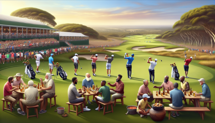 Diverse golfers teeing off at the Joburg Open under sunny skies, with friends sharing stories during a braai.