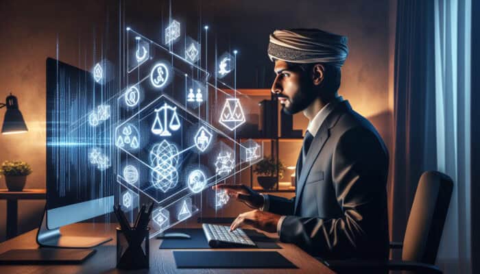 A focused human virtual assistant in a modern home office, surrounded by screens displaying regulatory documents and a balance scale.