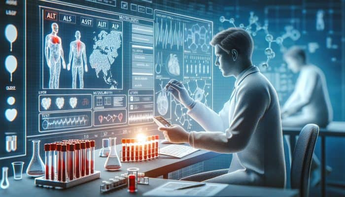 Liver Blood Test in Musselburgh: A scientist in a modern Musselburgh clinic examines blood samples for liver tests like ALT and AST, surrounded by digital charts and test tubes.
