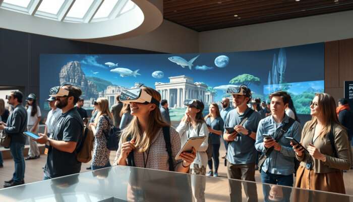 Diverse visitors in a vibrant museum wear VR headsets to explore holographic ancient ruins and use tablets for personalized tours.