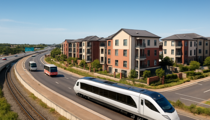 Vibrant Boksburg suburb with modern apartments, townhouses near highways, Gautrain, and buses under blue sky.