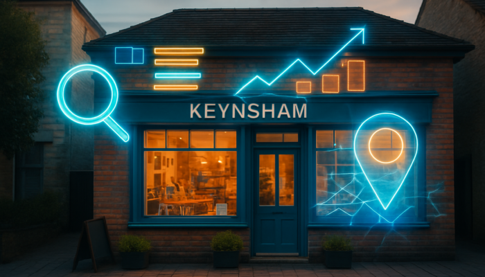 Vibrant Keynsham storefront with visible SEO overlays: keywords, search rankings, and Google maps.