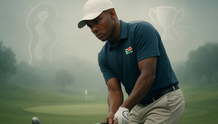 South African golfer visualising pitch shot on misty course with ethereal hole overlays.