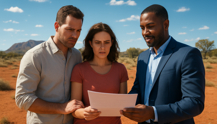 Couple reviewing home loan documents with agent in Kimberley's red-dirt landscape under blue sky.