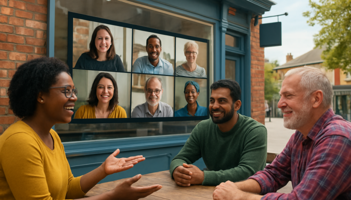 Vibrant Wincanton virtual meet-and-greet: diverse residents interacting on screens, sharing feedback in community groups.
