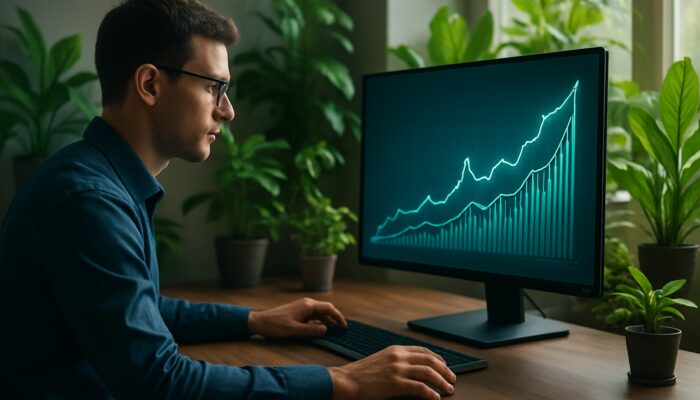 Digital analyst using Search Atlas to view supplement organic growth charts, surrounded by thriving green plants.