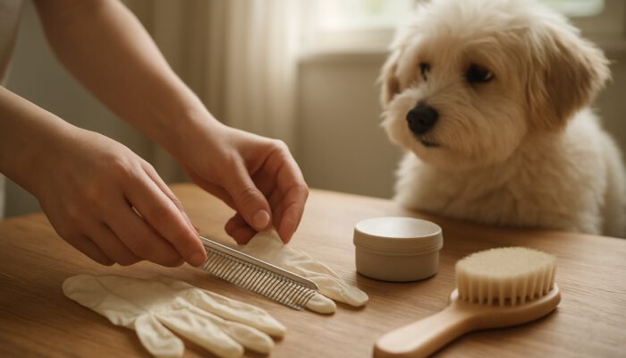 Pet owner arranging flea combing supplies: metal comb, gloves, container, and brush with fluffy dog.