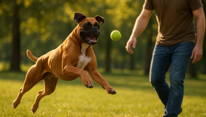 Muscular Boxer dog leaping joyfully to fetch a ball in sunlit park.
