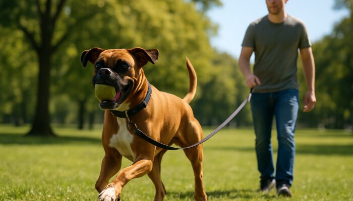 Energetic Boxer dog playing fetch in sunny park, wearing secure collar and leash, with attentive owner supervising.