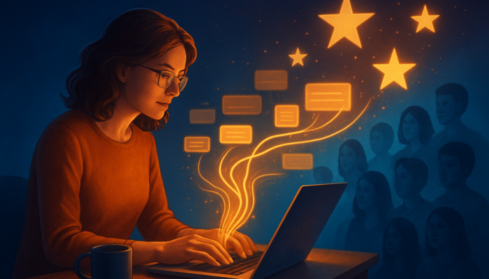 Creator weaving glowing SEO keywords into digital content streams, bridging to diverse audience under search stars.