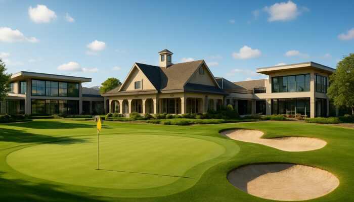 Pristine golf greens at a modern country club with fitness centers and elegant clubhouse under sunny skies.