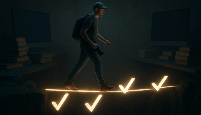 Vigilant content creator crossing glowing bridge of verified facts over chasm of errors, with books and screens.