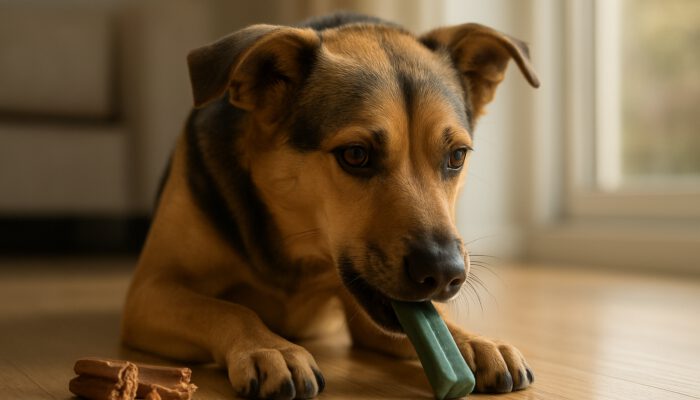 Vigilant dog chews safe dental treat in sunny home, with splintered chews nearby warning of choking risks.