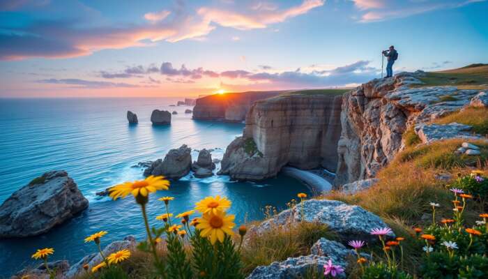 Photographer on a coastal cliff at dawn capturing the vibrant sunrise over turquoise waters, with golden light illuminating wildflowers and rugged rocks, while avoiding crowds.