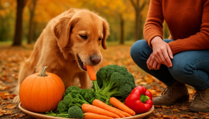 Happy dog eating fresh seasonal vegetables in autumn park with owner.