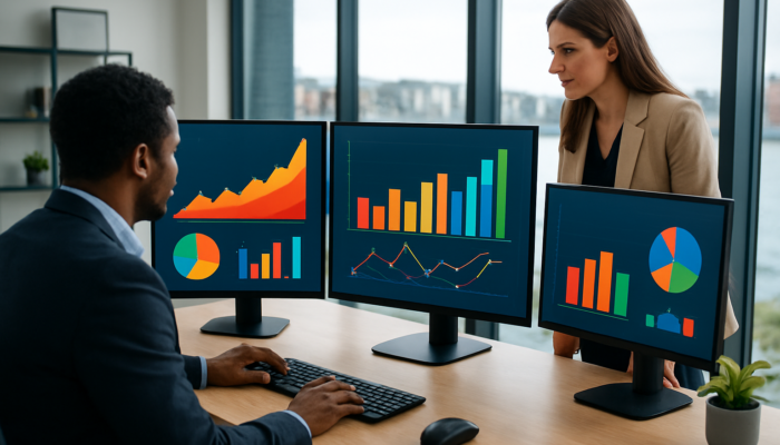 Small business owners in a modern Poole office analysing vibrant social media dashboards with rising engagement and conversion graphs.