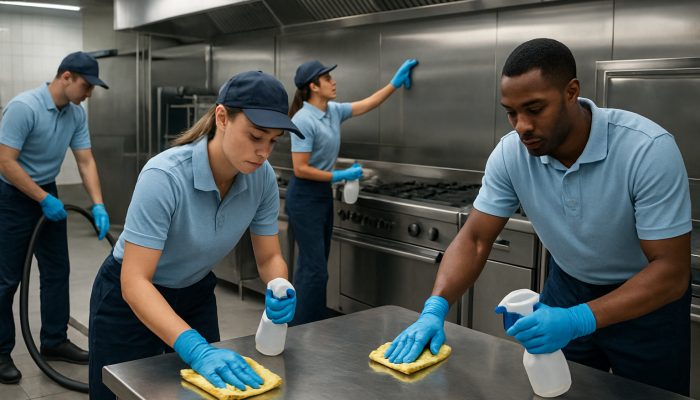 Expert cleaners sanitising a sparkling commercial kitchen with advanced tools.