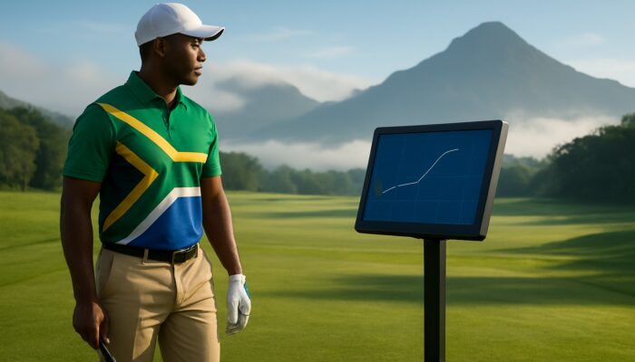 South African golfer analyses swing data on launch monitor in KwaZulu-Natal's lush course with misty mountains.