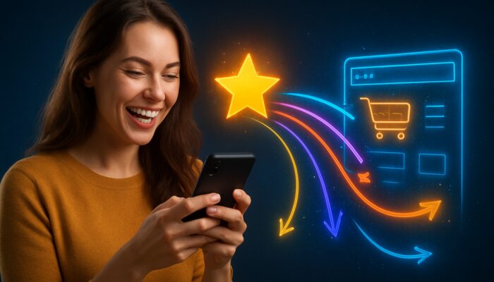 Happy customer using a smartphone to post a review, with vibrant links leading to a thriving e-commerce site symbolising SEO growth.